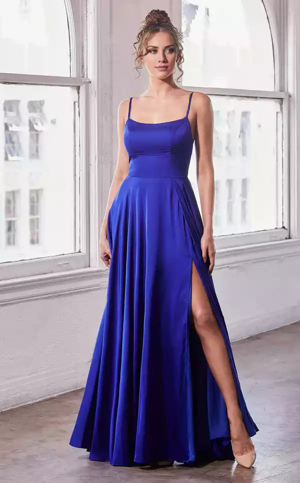 Solid tone Sleeveless Straight Neckline A line Gown Split Fork Evening Dress