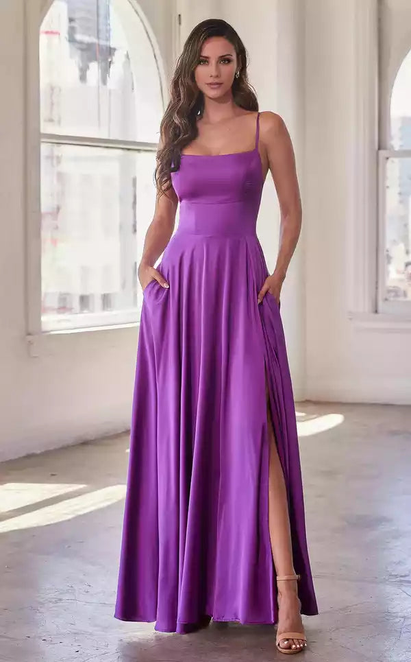 Solid tone Sleeveless Straight Neckline A line Gown Split Fork Evening Dress