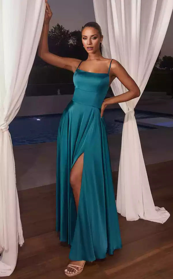 Solid tone Sleeveless Straight Neckline A line Gown Split Fork Evening Dress