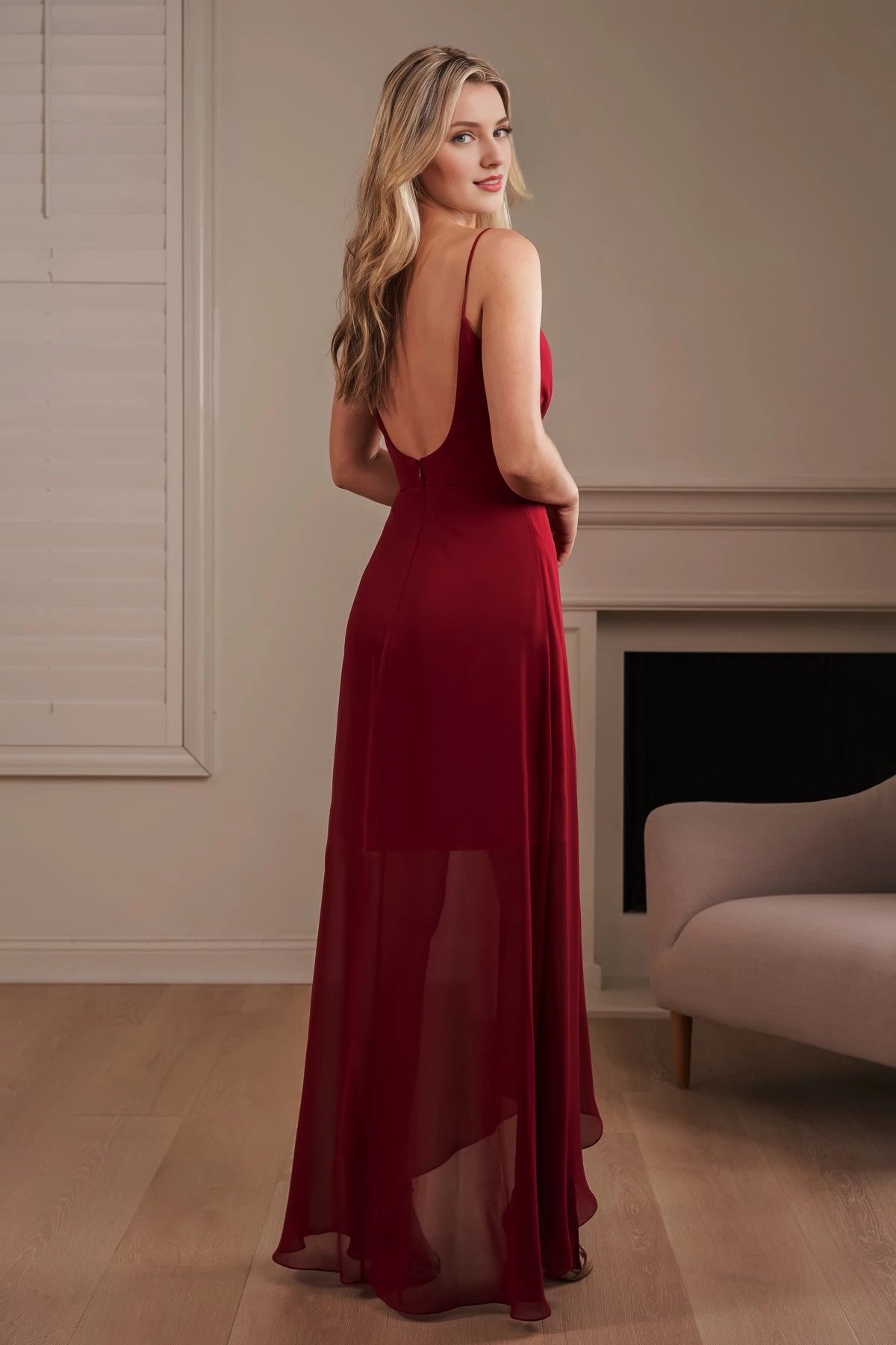 Solid Color A-Line V Neck Spaghetti Straps Back Zip Asymmetrical Bridesmaid Dress
