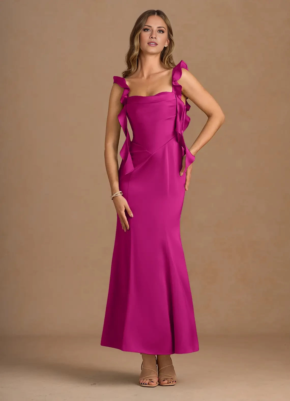 Solid Color Mermaid Scoop Neck Sleeveless Crisscross Back Ankle-Length evening dress