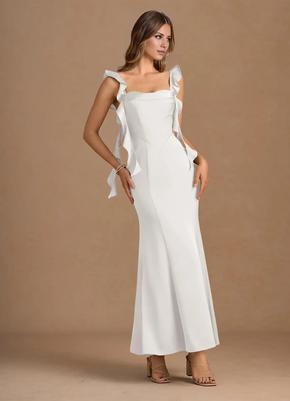 Solid Color Mermaid Scoop Neck Sleeveless Crisscross Back Ankle-Length evening dress