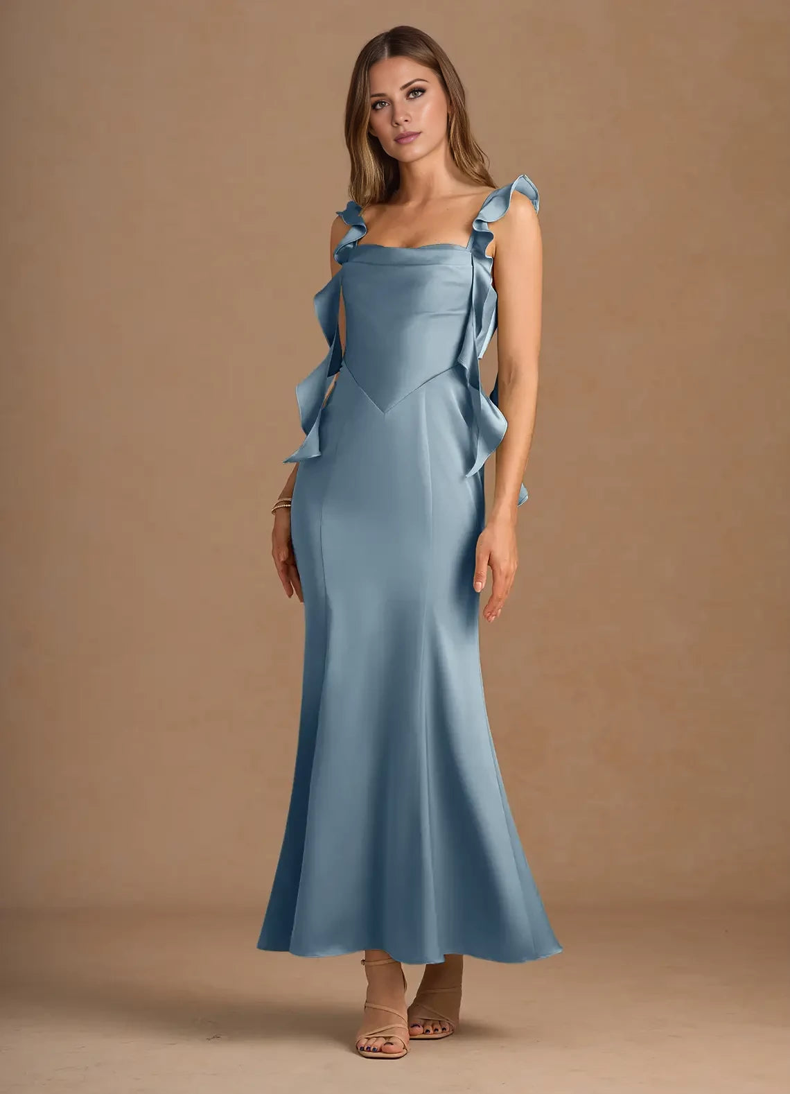 Solid Color Mermaid Scoop Neck Sleeveless Crisscross Back Ankle-Length evening dress