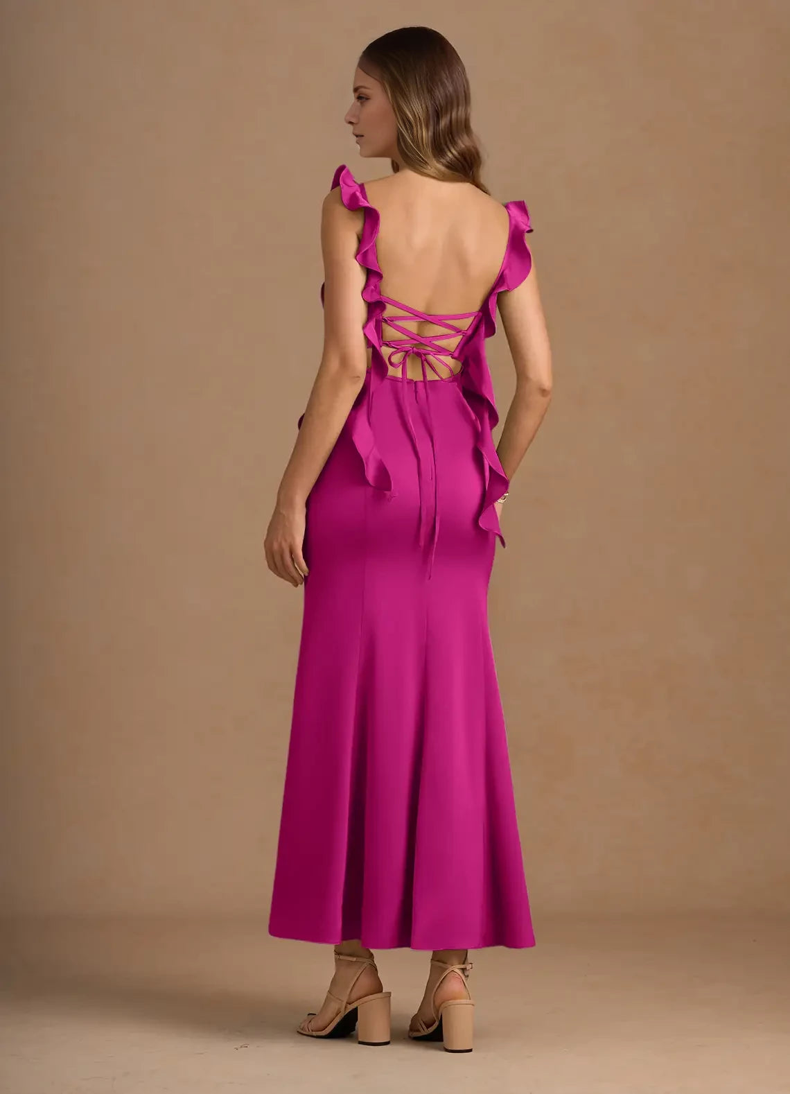 Solid Color Mermaid Scoop Neck Sleeveless Crisscross Back Ankle-Length evening dress