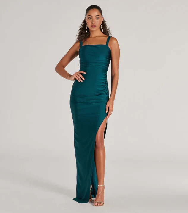 Solid Color Square Neck Sheath Sleeveless Lace Up Back Floor-Length Side Slit Bridesmaid Dress