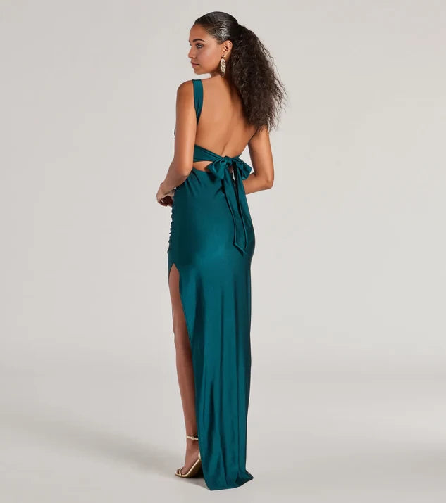 Solid Color Square Neck Sheath Sleeveless Lace Up Back Floor-Length Side Slit Bridesmaid Dress