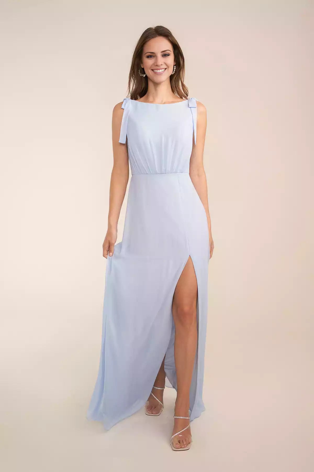 Sophisicated A line Poly Chiffon Gown with Sabrina Neckline and Bow Accentedd Shoulders Bridesmaid Dresses