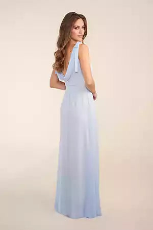 Sophisicated A line Poly Chiffon Gown with Sabrina Neckline and Bow Accentedd Shoulders Bridesmaid Dresses