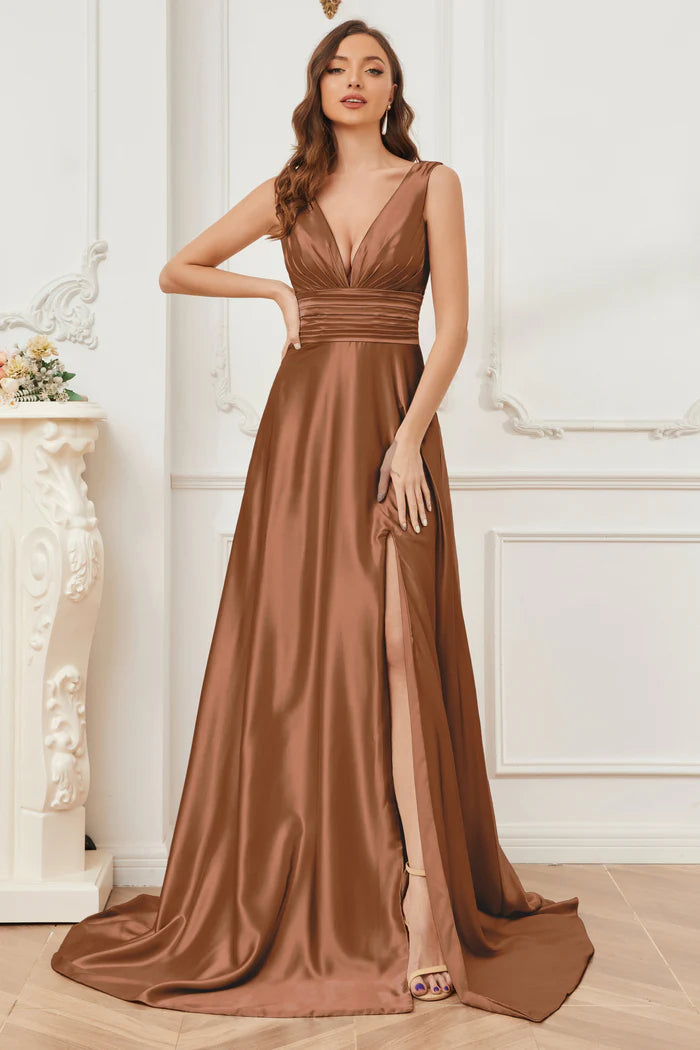 Sophisticated A-Line Deep V-Neck Sleeveless Open-Back Copper Satin Train Floor-Length Bridesmaid Dresses