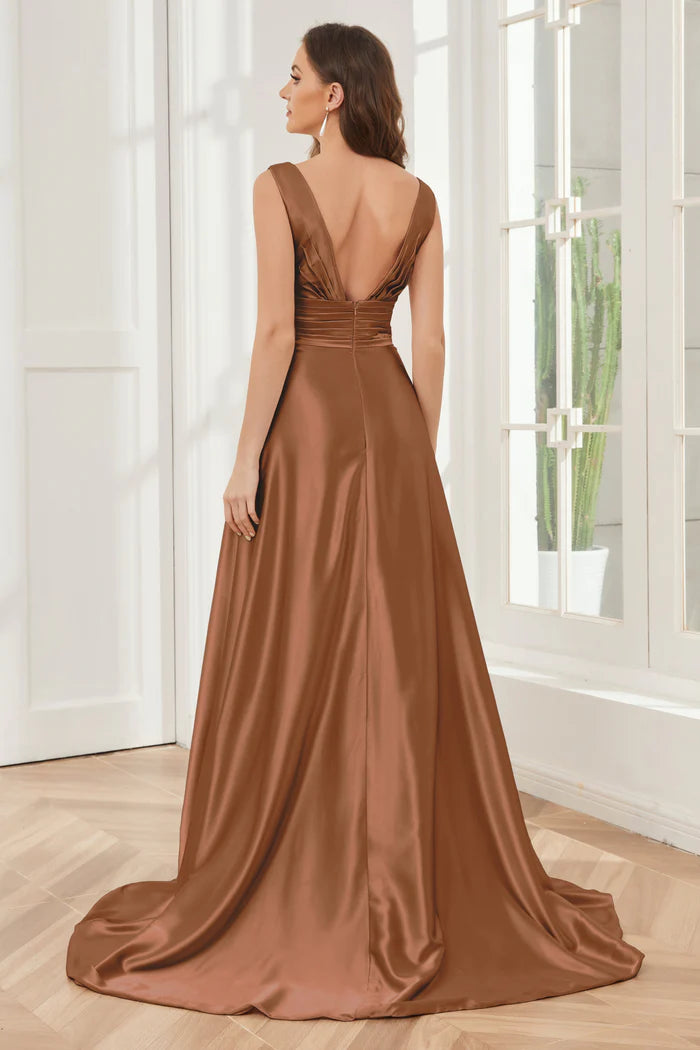 Sophisticated A-Line Deep V-Neck Sleeveless Open-Back Copper Satin Train Floor-Length Bridesmaid Dresses