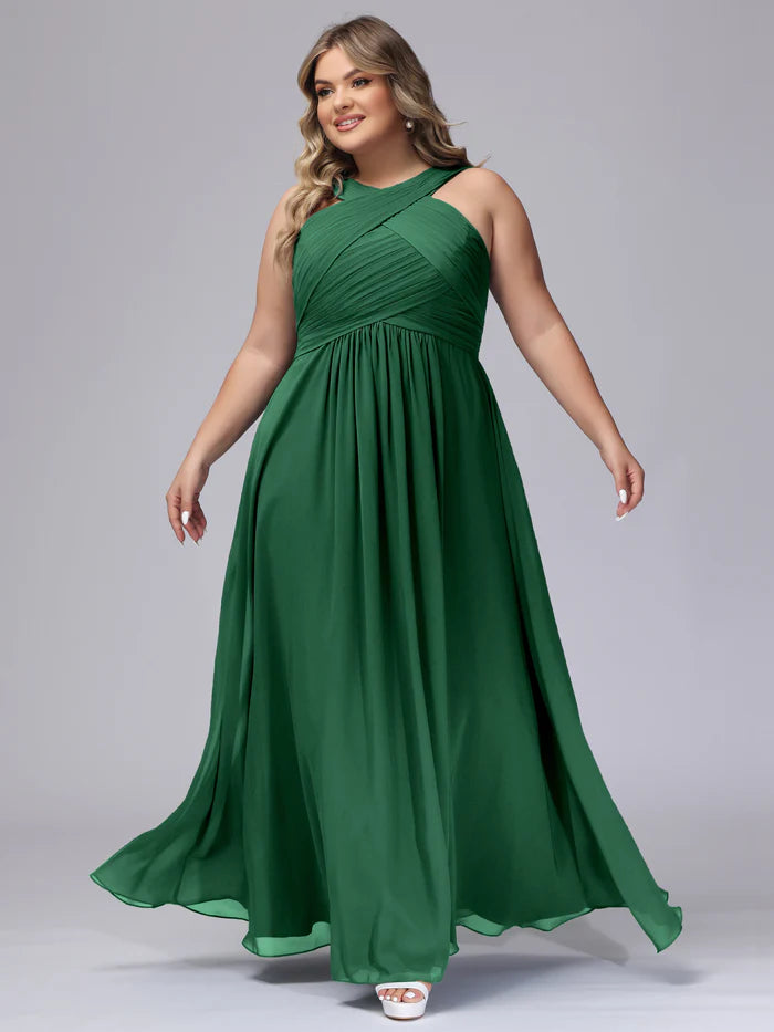 Plus Size Sophisticated A-Line Halter-Neck Sleeveless Square-Back Emerald Chiffon Floor-Length Bridesmaid Dresses
