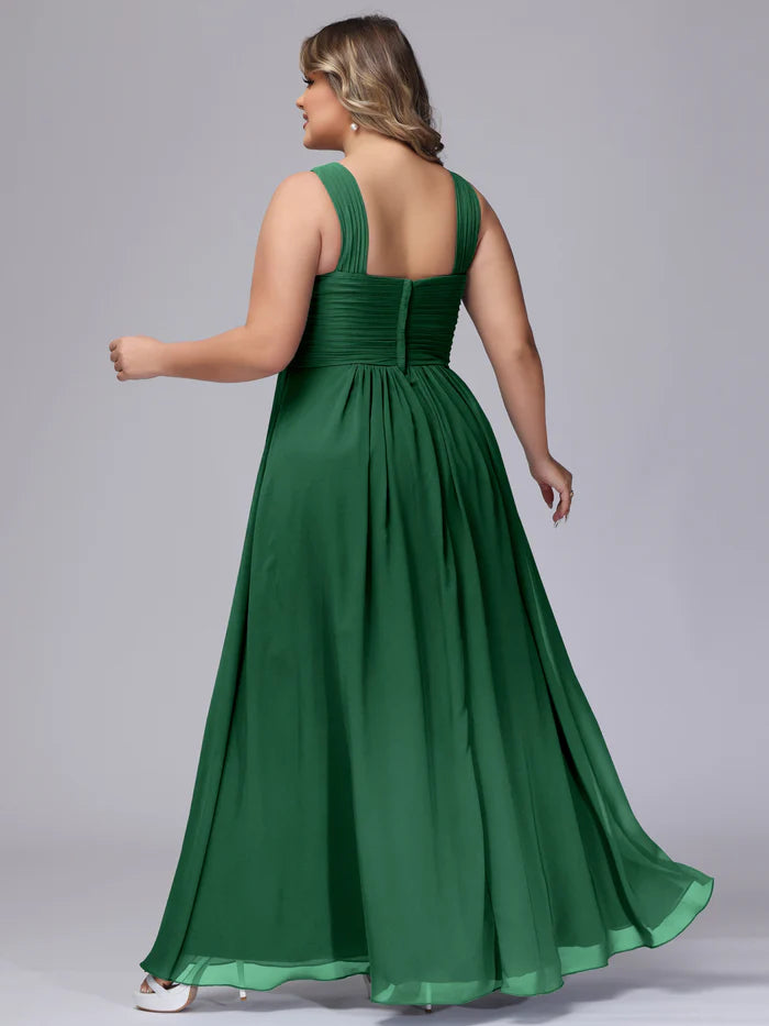 Plus Size Sophisticated A-Line Halter-Neck Sleeveless Square-Back Emerald Chiffon Floor-Length Bridesmaid Dresses