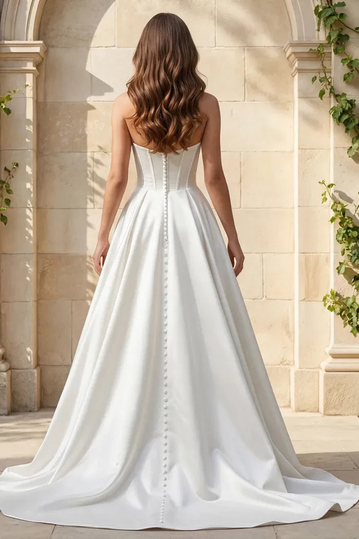 Sophisticated A-Line Strapless Flower-Accent Pearl-Button Back High-Slit Train Length Wedding Dresses
