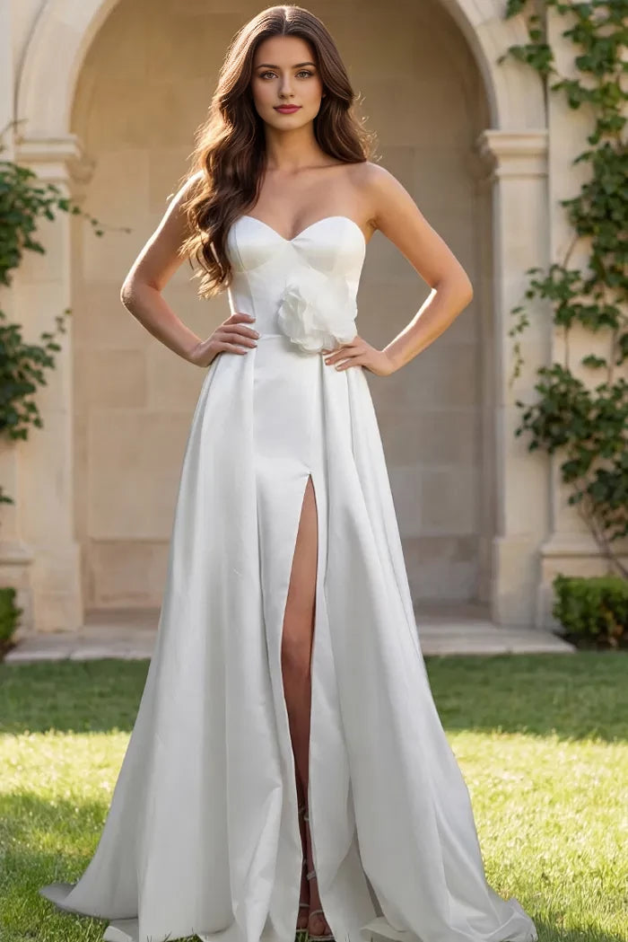 Sophisticated A-Line Strapless Flower-Accent Pearl-Button Back High-Slit Train Length Wedding Dresses