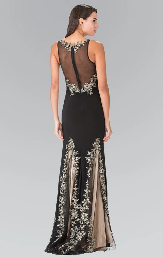 Sophisticated Mermaid Illusion-Neck Sleeveless Sheer-Back Black-Gold Embroidered-Tulle Floor-Length Mother of the Bride Dresses