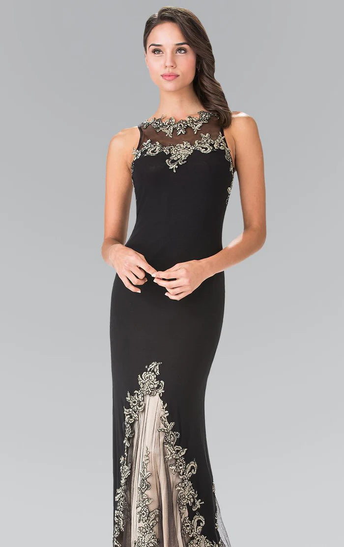 Sophisticated Mermaid Illusion-Neck Sleeveless Sheer-Back Black-Gold Embroidered-Tulle Floor-Length Mother of the Bride Dresses