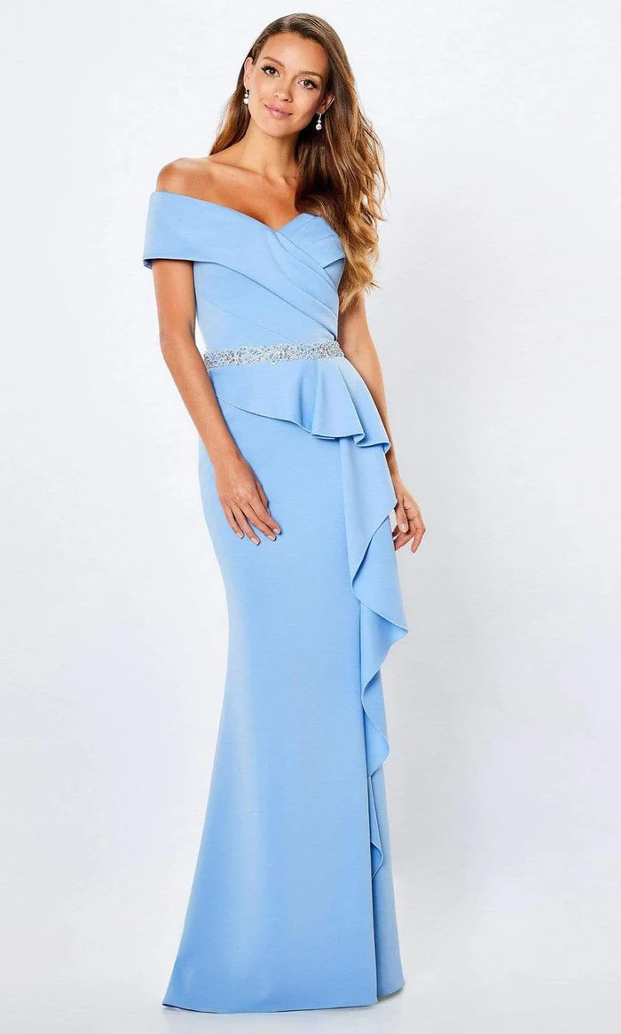 Sophisticated Mermaid Off-Shoulder Cap-Sleeve-Zip-Back Sky Blue Crepe Ruffled Floor-Length Mother of the Bride Dresses