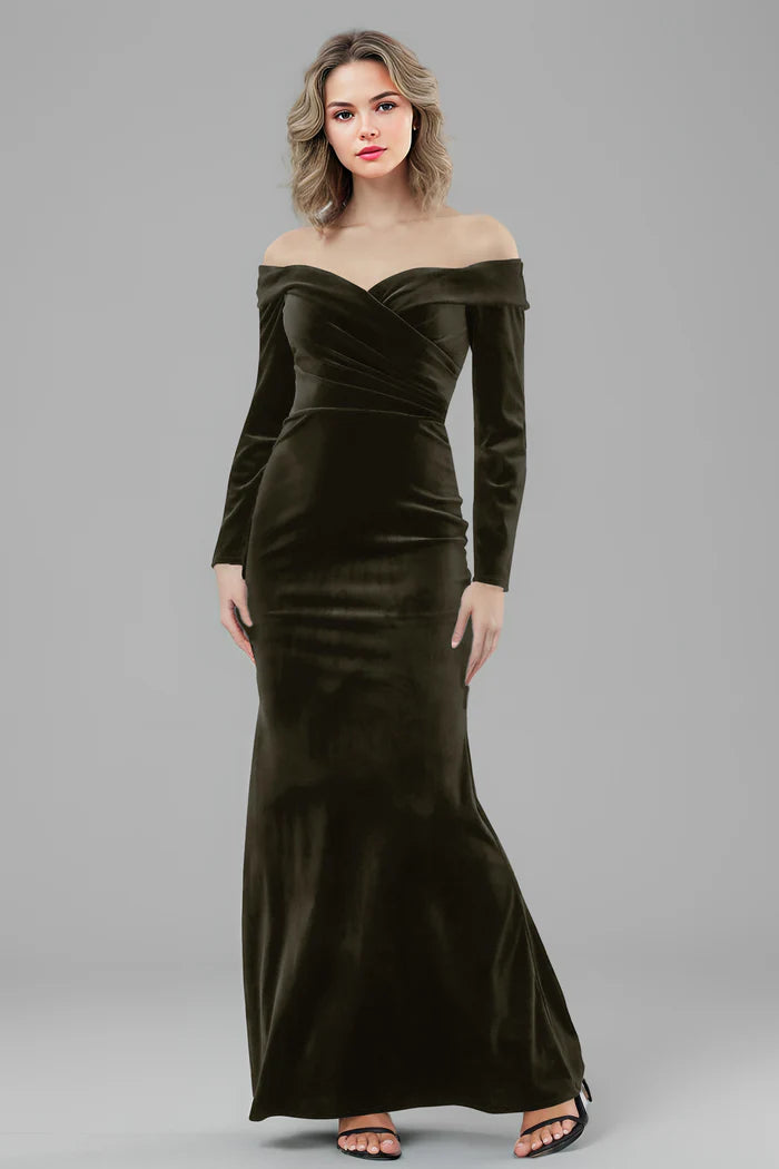 Sophisticated Mermaid Off-Shoulder Long-Sleeve Wrap-Back Floor-Length Bridesmaid Dresses