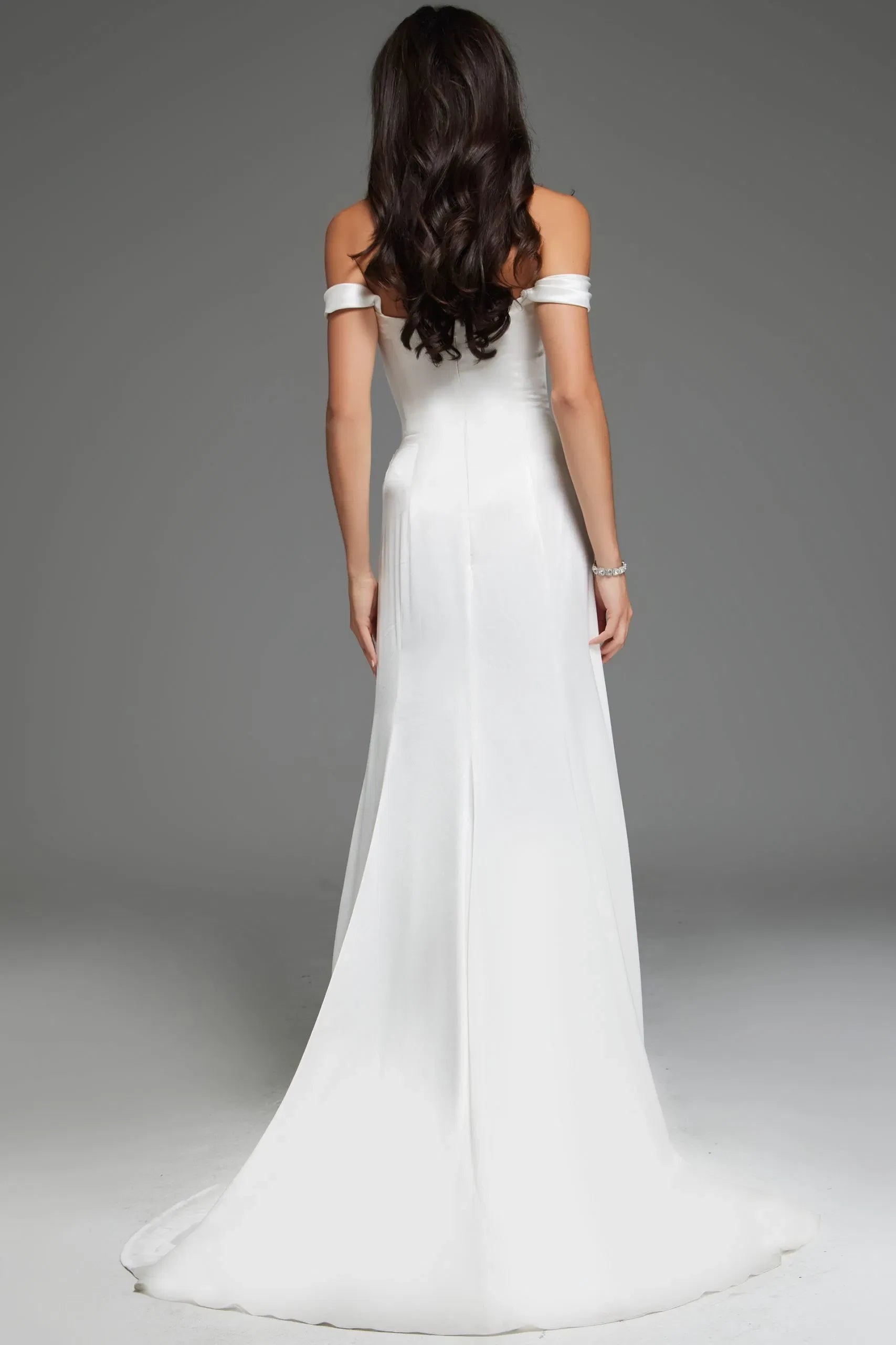 Sophisticated Mermaid Off-Shoulder Satin High-Slit Open-Back Train Length Wedding Dresses