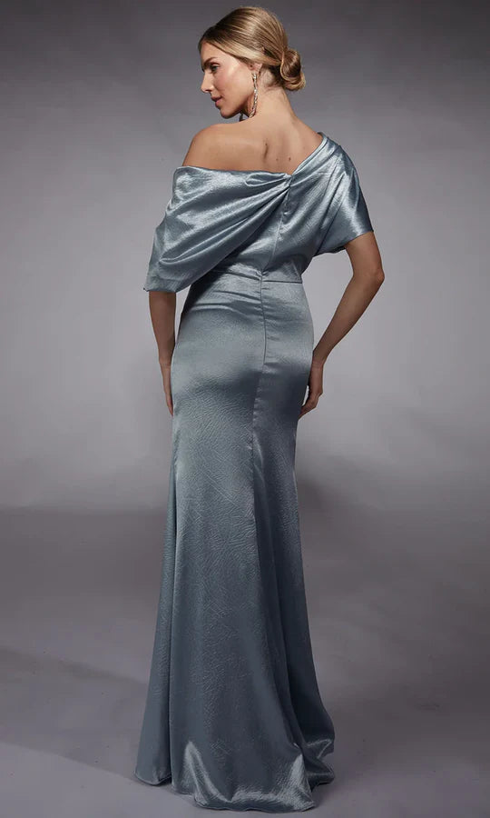 Sophisticated Mermaid One-Shoulder Draped-Sleeve-Zip-Back Dusty Blue Satin Floor-Length Mother of the Bride Dresses
