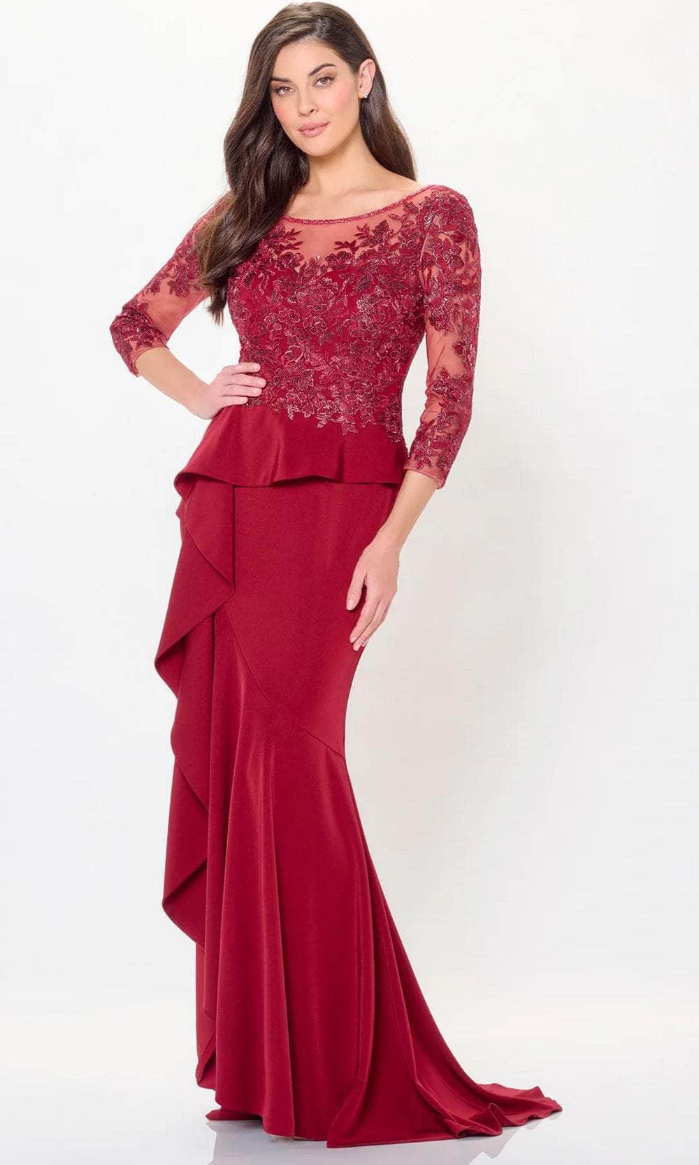 Sophisticated Mermaid Square-Neck Three-Quarter-Lace-Sleeve-Zip-Back Burgundy Satin Ruffled Floor-Length Mother of the Bride Dresses