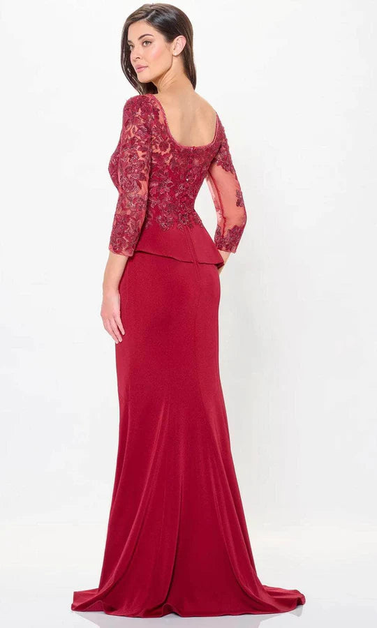 Sophisticated Mermaid Square-Neck Three-Quarter-Lace-Sleeve-Zip-Back Burgundy Satin Ruffled Floor-Length Mother of the Bride Dresses