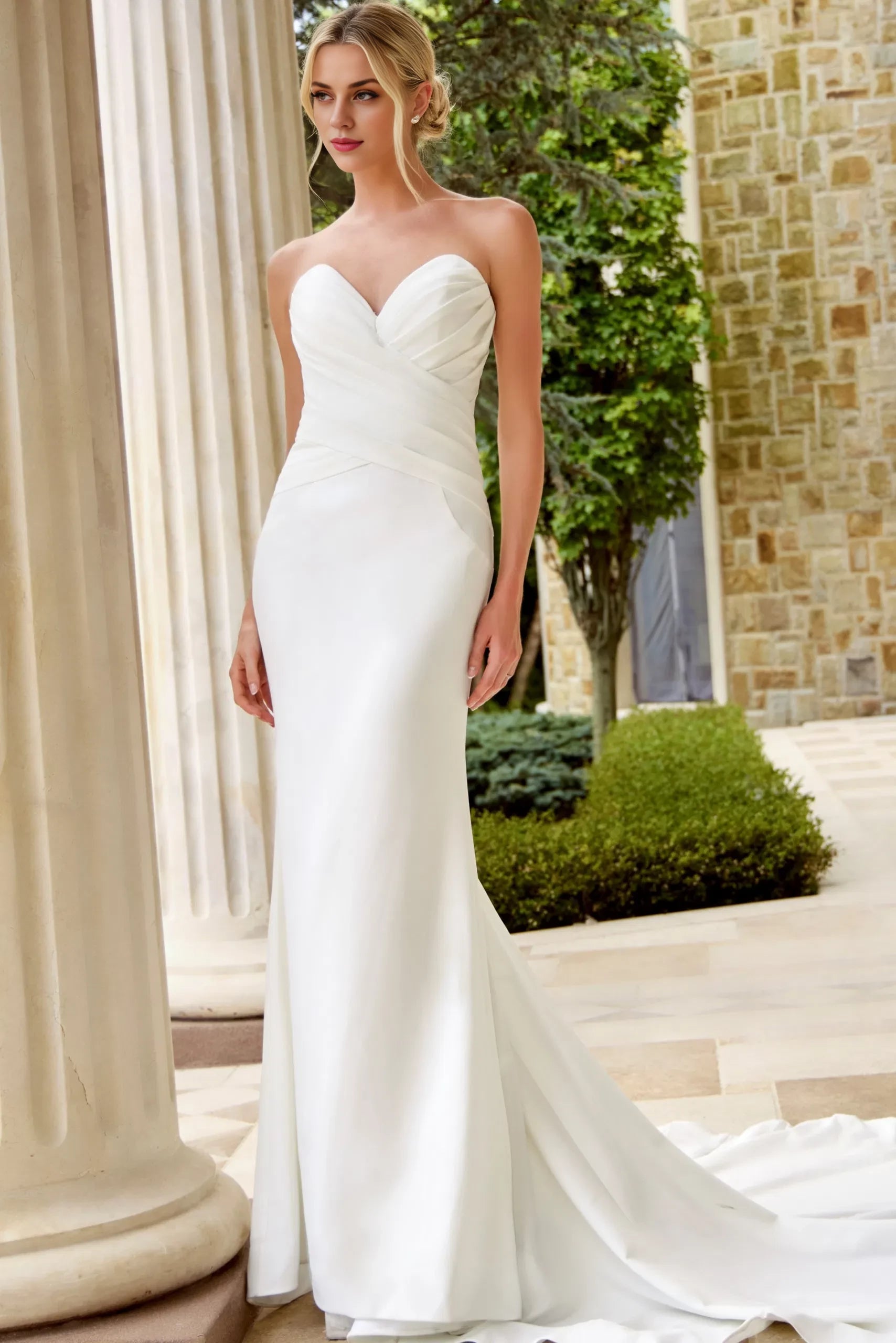 Sophisticated Mermaid Strapless Cross-Bodice Pearl-Button Back Train Length Wedding Dresses