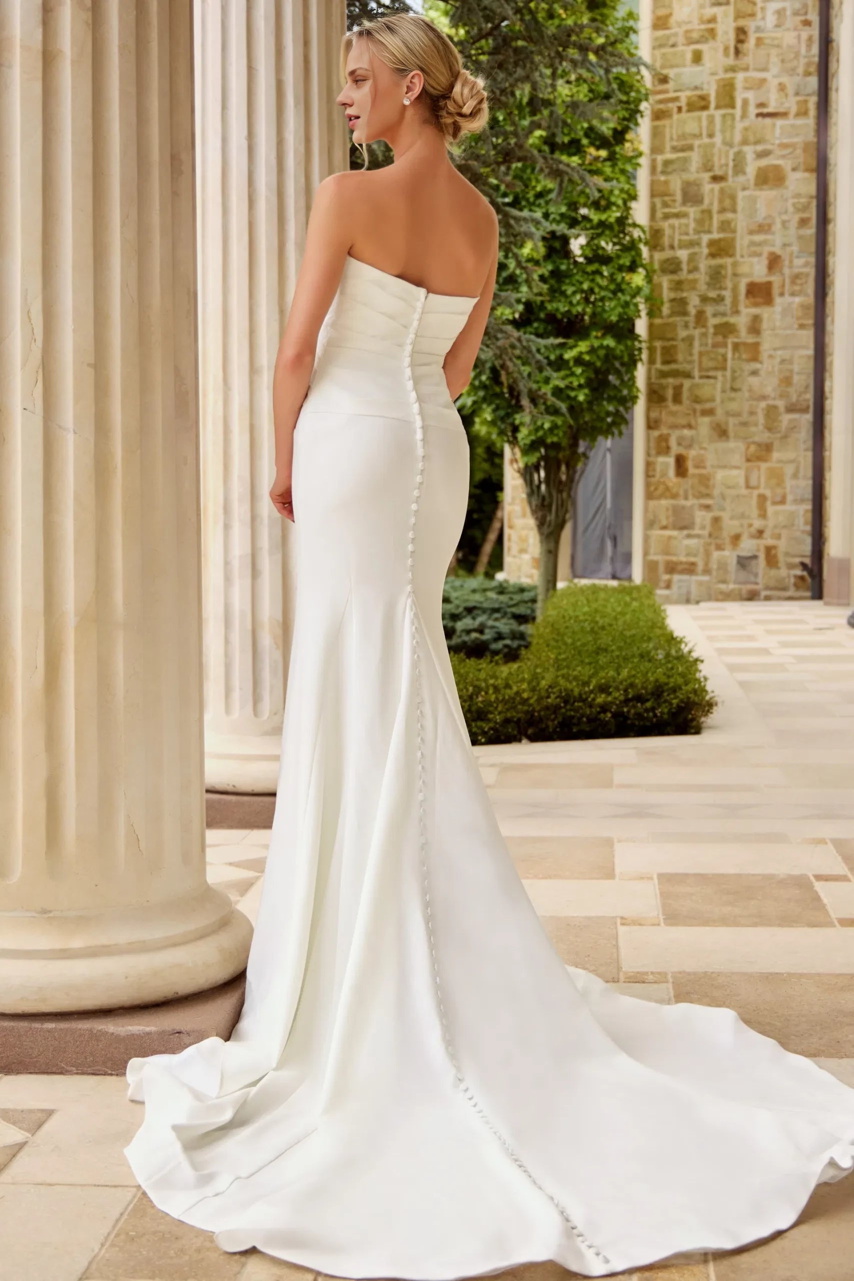 Sophisticated Mermaid Strapless Cross-Bodice Pearl-Button Back Train Length Wedding Dresses