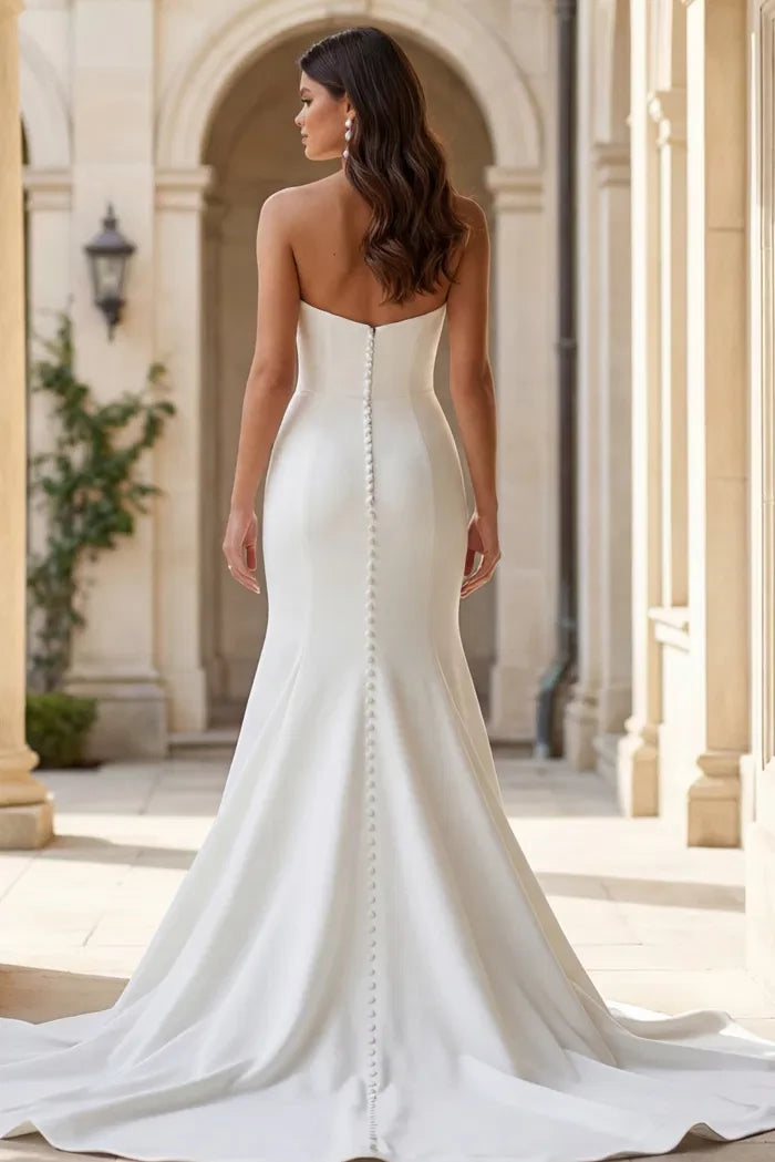 Sophisticated Mermaid Strapless Satin Pearl-Button Back Train Length Wedding Dresses