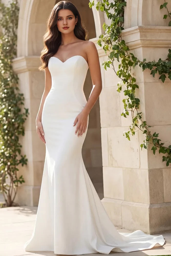 Sophisticated Mermaid Strapless Satin Pearl-Button Back Train Length Wedding Dresses