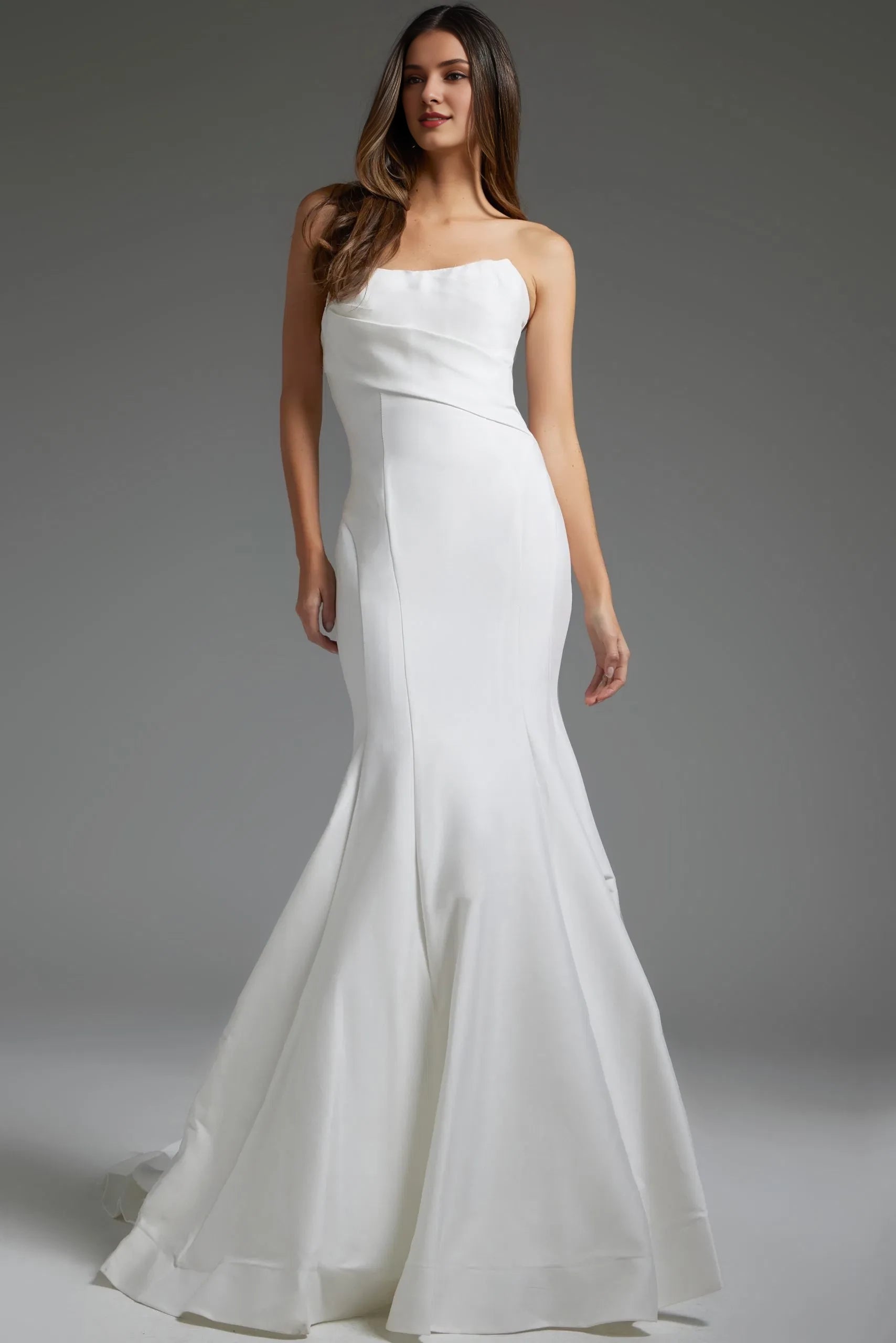 Sophisticated Mermaid Strapless Satin Pearl-Button Open-Back Train Length Wedding Dresses