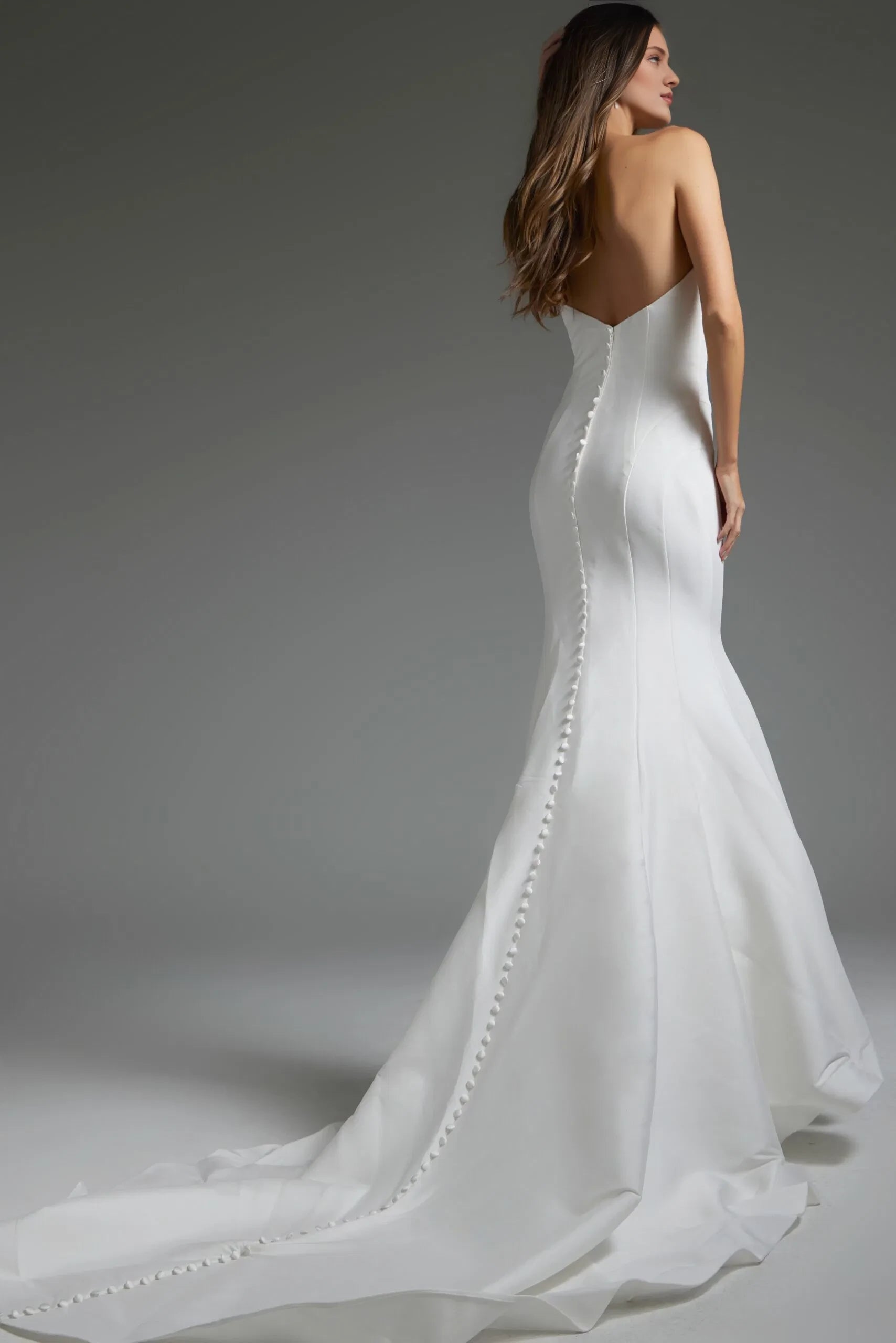Sophisticated Mermaid Strapless Satin Pearl-Button Open-Back Train Length Wedding Dresses