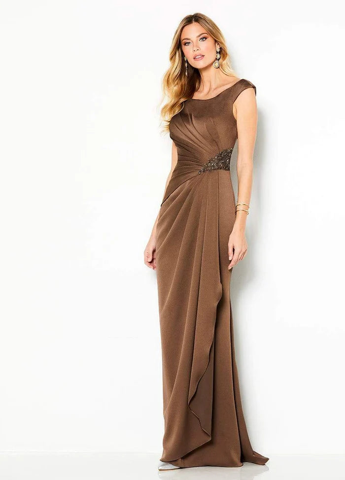 Sophisticated Sheath Boat-Neck Cap-Sleeve Embellished-Back Chocolate Satin Floor-Length Mother of the Bride Dresses