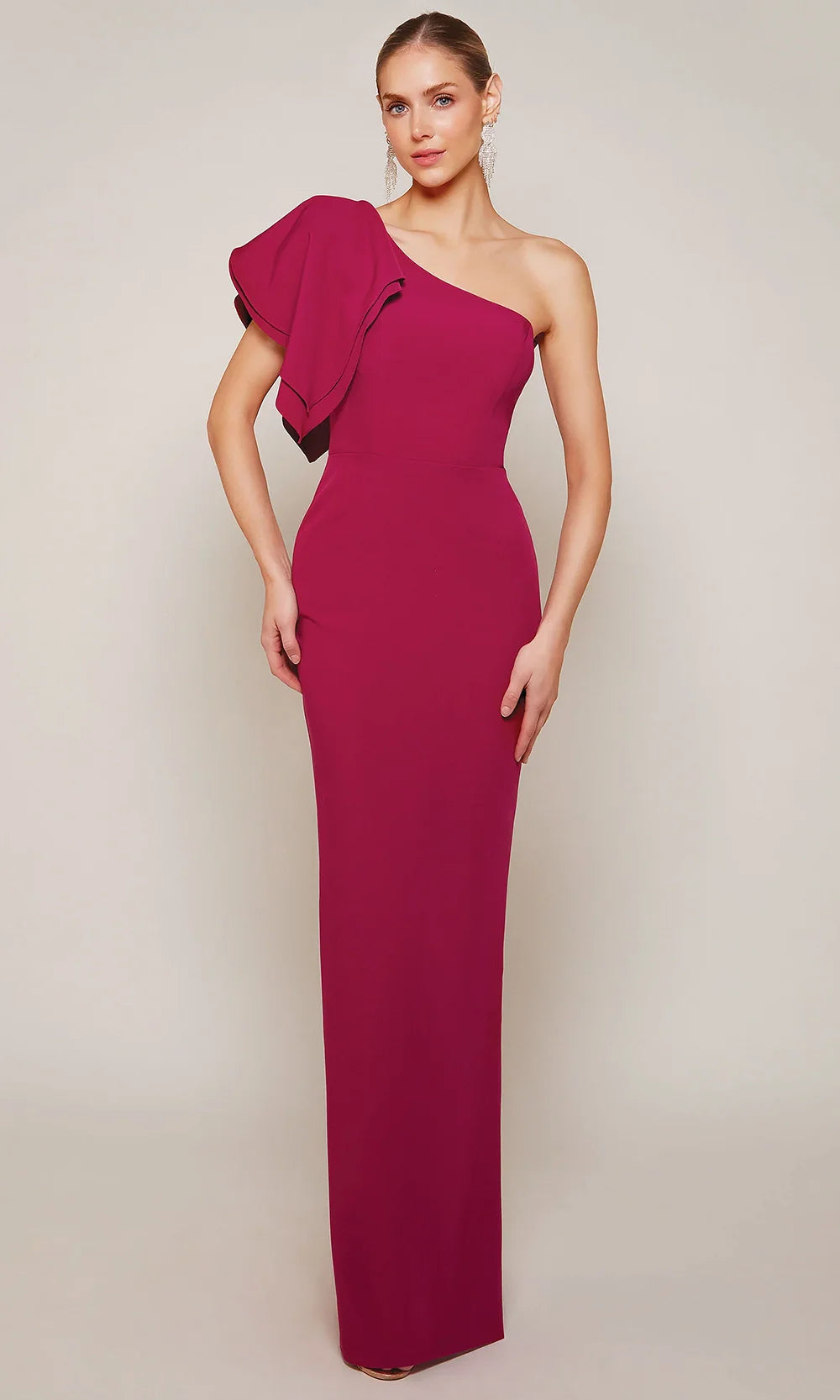Sophisticated Sheath One-Shoulder Ruffle-Sleeve-Zip-Back Magenta Crepe Floor-Length Mother of the Bride Dresses
