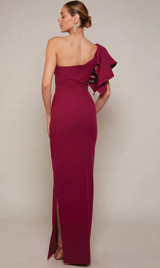 Sophisticated Sheath One-Shoulder Ruffle-Sleeve-Zip-Back Magenta Crepe Floor-Length Mother of the Bride Dresses