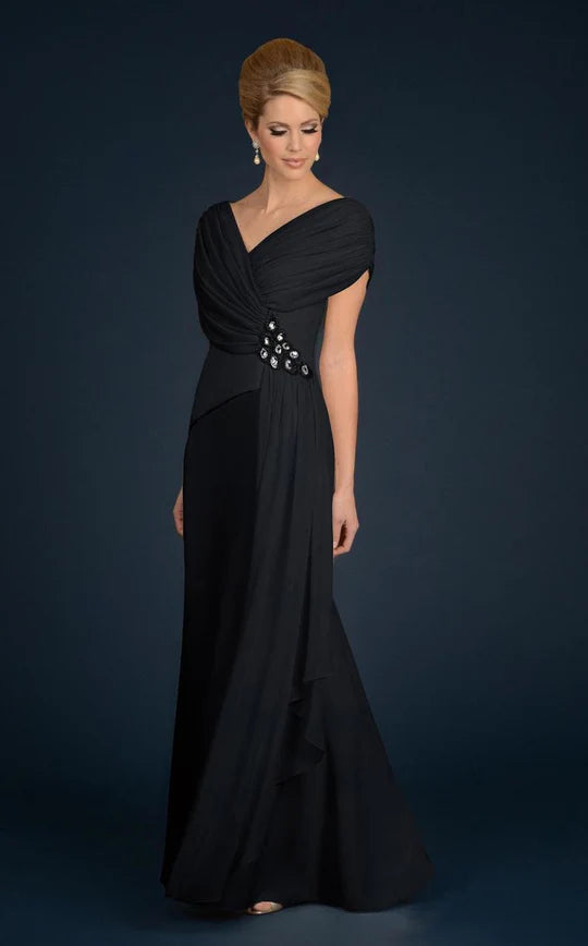 Sophisticated Sheath V-Neck Cap-Sleeve Open-Back Black Beaded-Chiffon Floor-Length Mother of the Bride Dresses