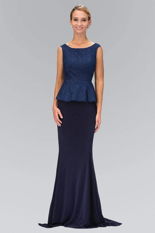 Sophisticated Two-Piece Mermaid Boat-Neck Sleeveless Keyhole-Back Navy Lace-Satin Floor-Length Mother of the Bride Dresses