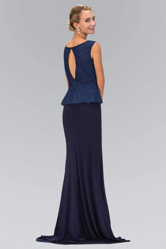 Sophisticated Two-Piece Mermaid Boat-Neck Sleeveless Keyhole-Back Navy Lace-Satin Floor-Length Mother of the Bride Dresses
