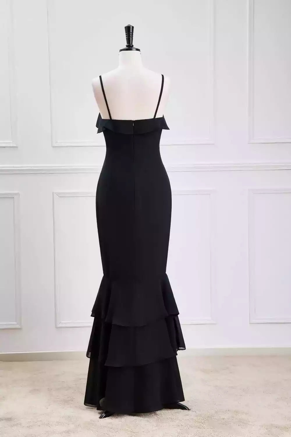 Sophisticated Black Chiffon Gown with Ruffled Cold-Shoulder & Tiered Mermaid Hem