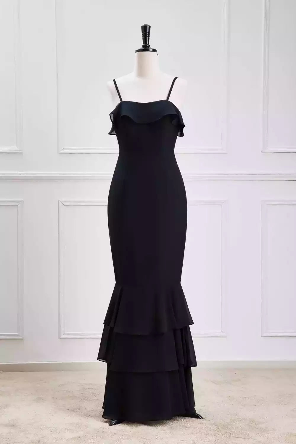 Sophisticated Black Chiffon Gown with Ruffled Cold-Shoulder & Tiered Mermaid Hem