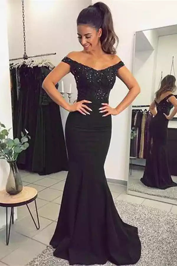Sophisticated Black Off-the-Shoulder Gown with Beaded Bodice & Lace Slit