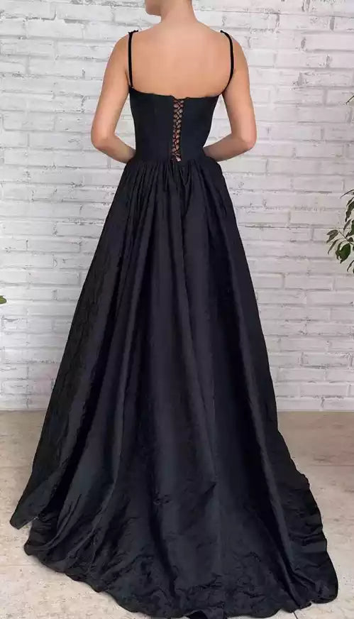 Sophisticated Black Structured Ballgown with Floral-Strap Bodice & High Slit