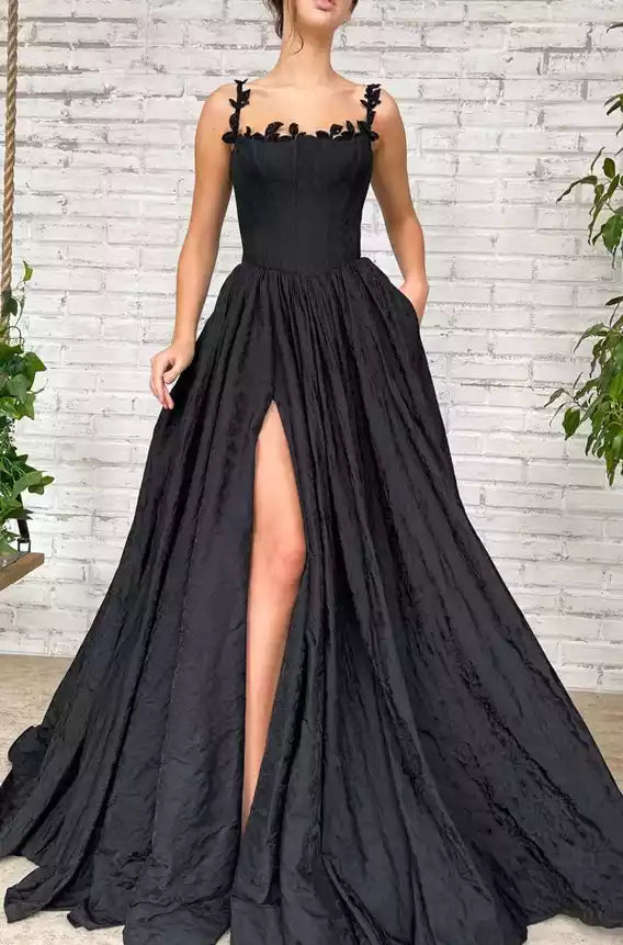 Sophisticated Black Structured Ballgown with Floral-Strap Bodice & High Slit