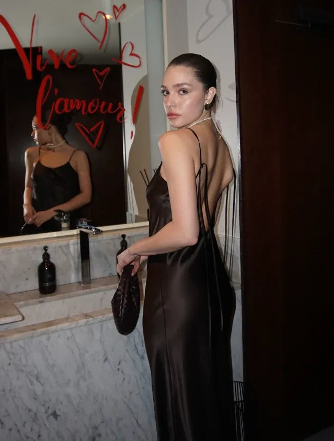 Sophisticated Chocolate Brown Satin Open Back Slip Gown