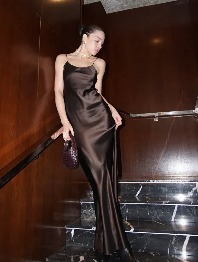 Sophisticated Chocolate Brown Satin Open Back Slip Gown