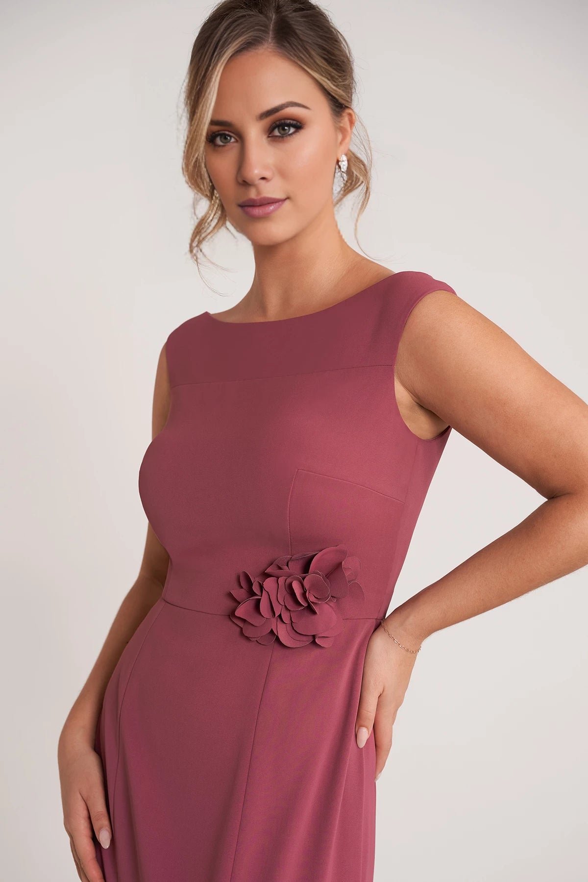 Sophisticated Fit and Flare Dress with Cap Sleeves and 3D Waistline Flower Mother of the Bride Dresses
