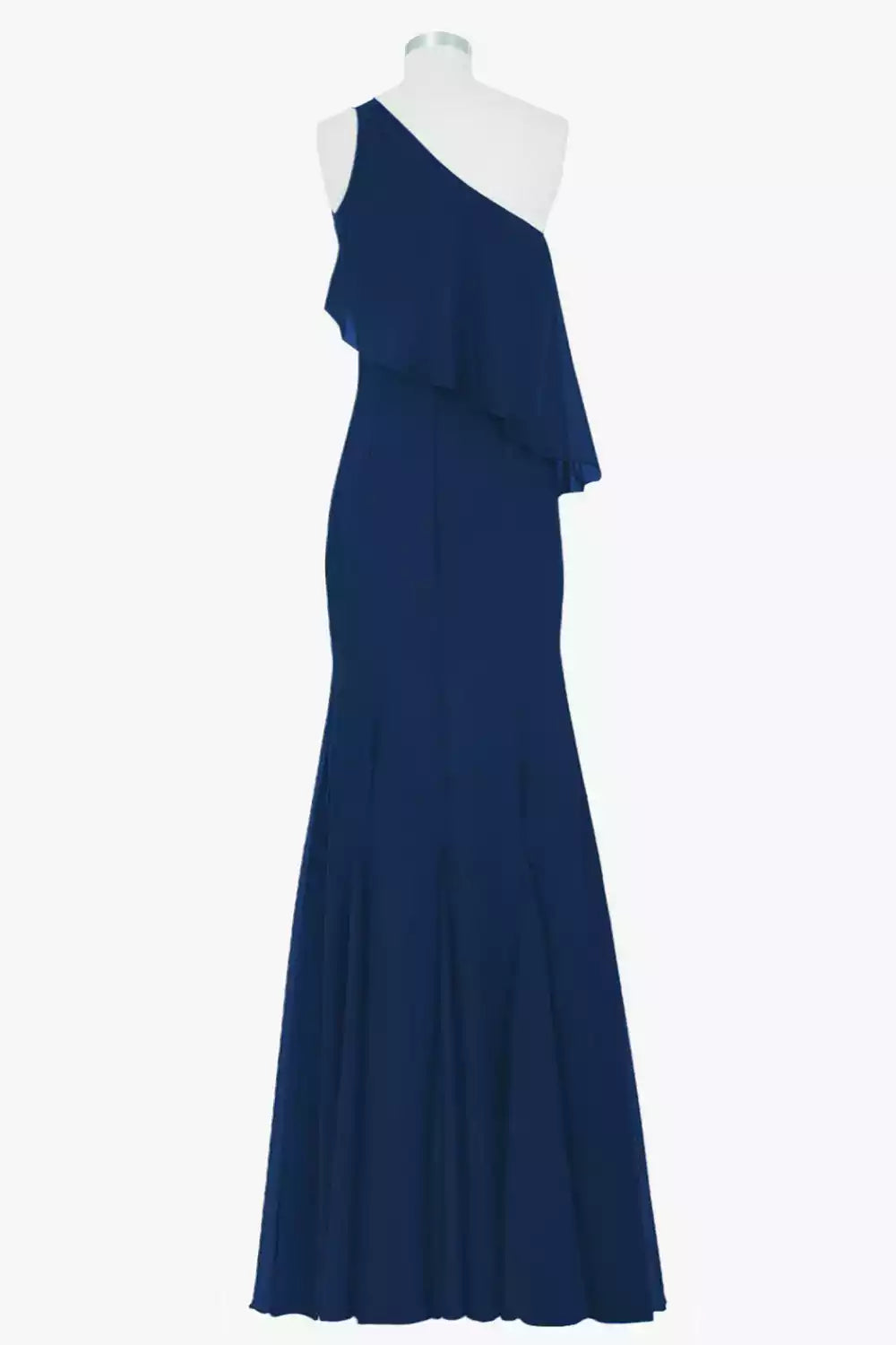 Sophisticated Navy Blue Chiffon Gown with One-Shoulder Ruffle & Mermaid Silhouette