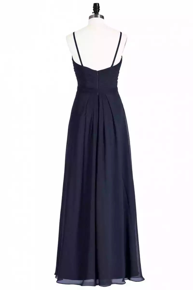 Sophisticated Navy Blue Chiffon Gown with Spaghetti Strap Ruched Bodice & Tie Waist
