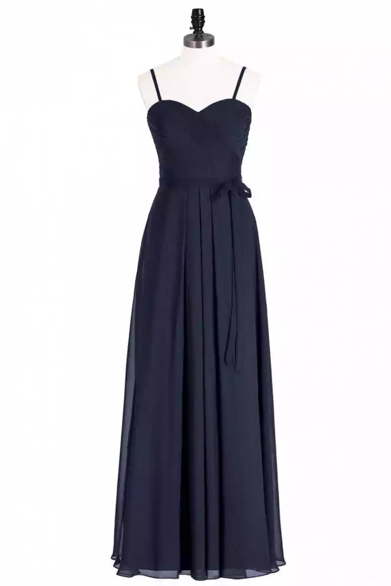 Sophisticated Navy Blue Chiffon Gown with Spaghetti Strap Ruched Bodice & Tie Waist