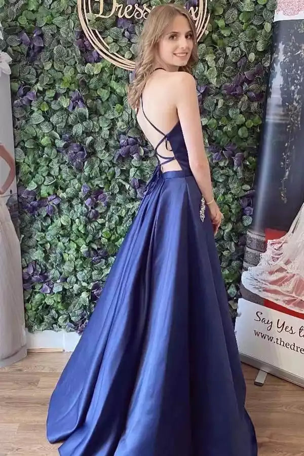 Sophisticated Navy Blue Satin Ballgown with Halter Neck & Beaded Pockets